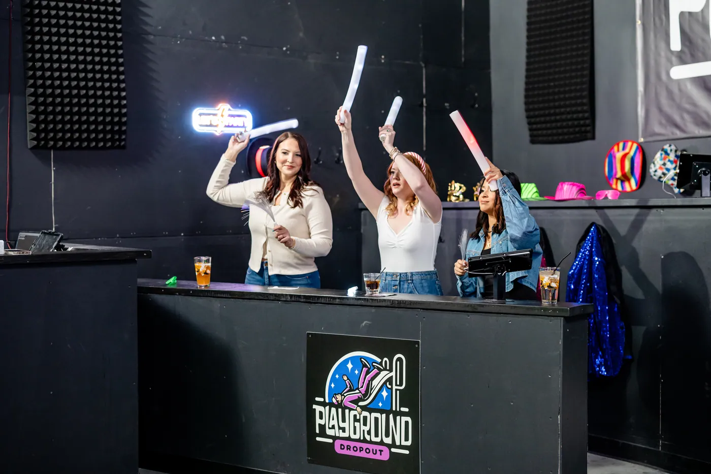 A team cheering after winning a round